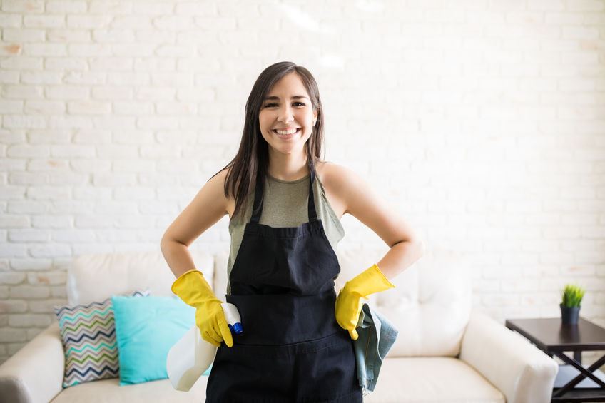 Woman cleaning living room indoors