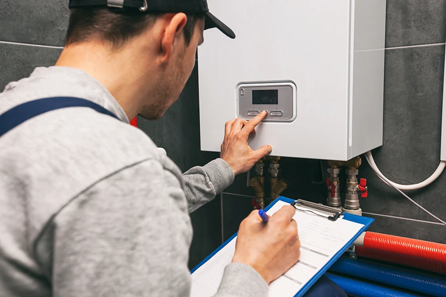 Technician servicing holding clipboard and inspecting heating system in boiler room