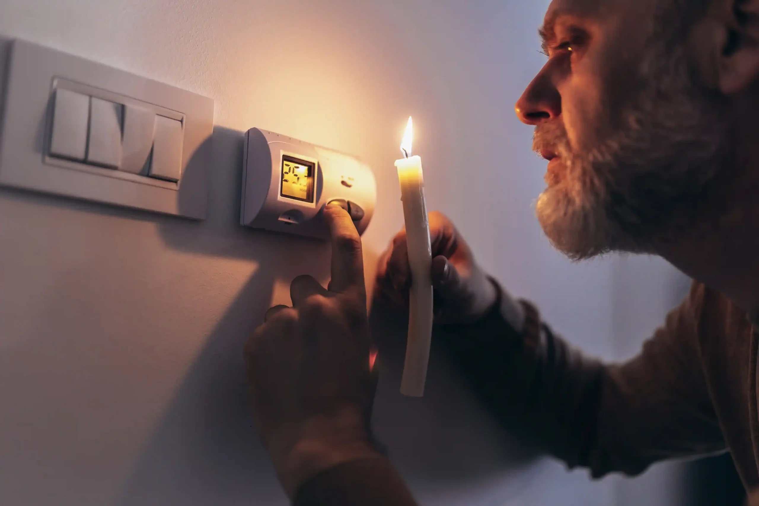 man holding a candle up to his thermostat when the power is out